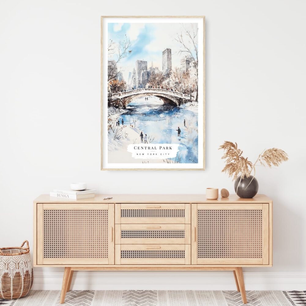 New York City Central Park Watercolor in Winter Art Print - Shelf - Portrait New York City Central Park Watercolor in Winter Art Print - Shelf - Portrait
