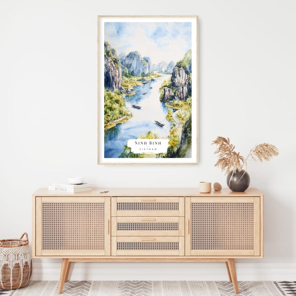 Ninh Binh Vietnam Watercolor Art Print - Shelf - Portrait Ninh Binh Vietnam Watercolor Art Print - Shelf - Portrait