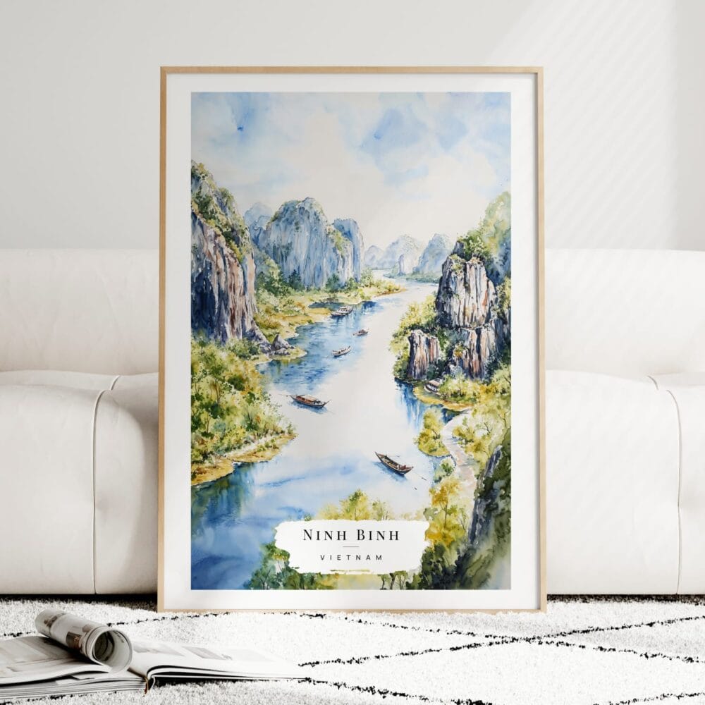 Ninh Binh Vietnam Watercolor Art Print - Wood Frame standing on Floor Ninh Binh Vietnam Watercolor Art Print - Wood Frame standing on Floor