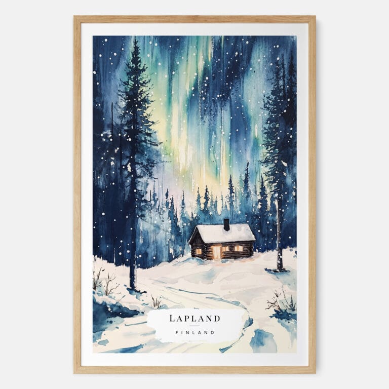 Northern Lights Finland Watercolor Art Print - Main - Wood Frame