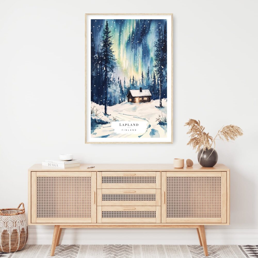 Northern Lights Finland Watercolor Art Print - Shelf - Portrait Northern Lights Finland Watercolor Art Print - Shelf - Portrait