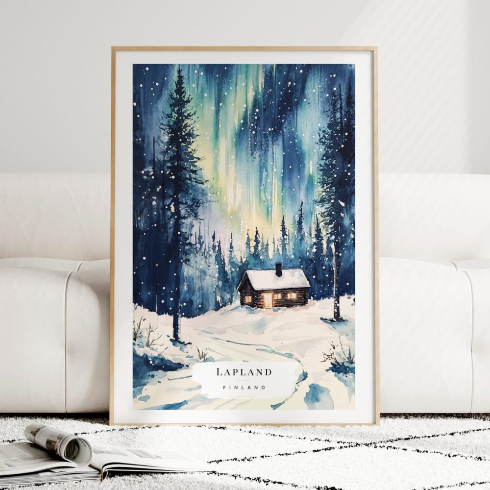 Northern Lights Finland Watercolor Art Print - Wood Frame standing on Floor Northern Lights Finland Watercolor Art Print - Wood Frame standing on Floor