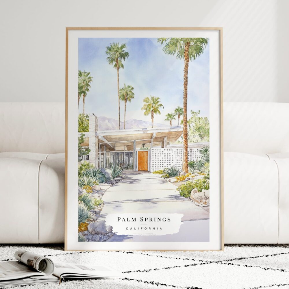 Palm Springs California Watercolor Art Print - Wood Frame standing on Floor Palm Springs California Watercolor Art Print - Wood Frame standing on Floor