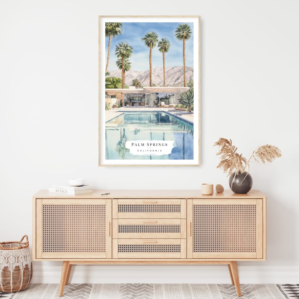 Palm Springs Pool Villa Watercolor Art Print - Shelf - Portrait Palm Springs Pool Villa Watercolor Art Print - Shelf - Portrait
