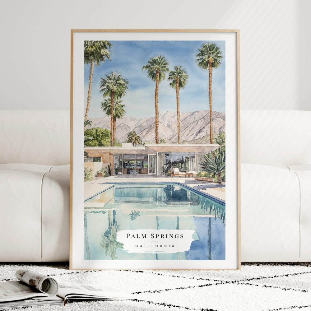 Palm Springs Pool Villa Watercolor Art Print - Wood Frame standing on Floor Palm Springs Pool Villa Watercolor Art Print - Wood Frame standing on Floor