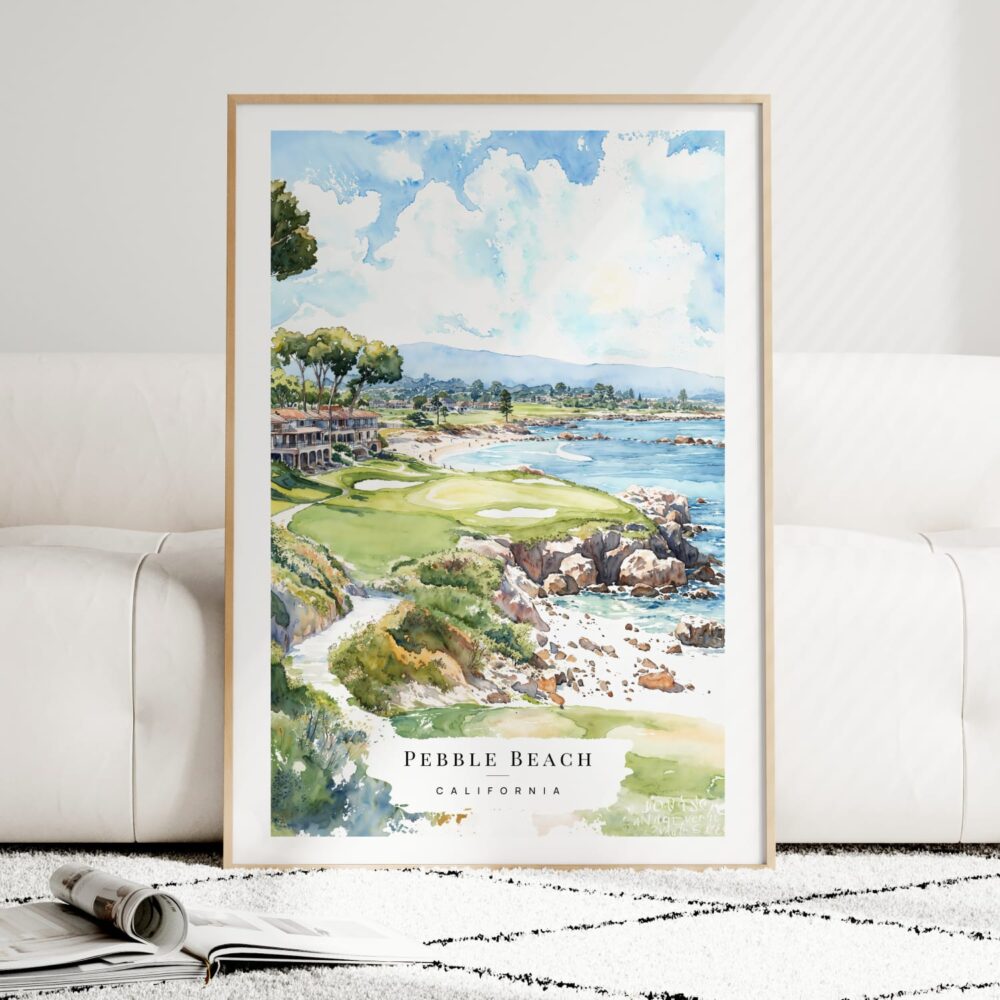 Pebble Beach Golf Course Watercolor Art Print - Wood Frame standing on Floor Pebble Beach Golf Course Watercolor Art Print - Wood Frame standing on Floor