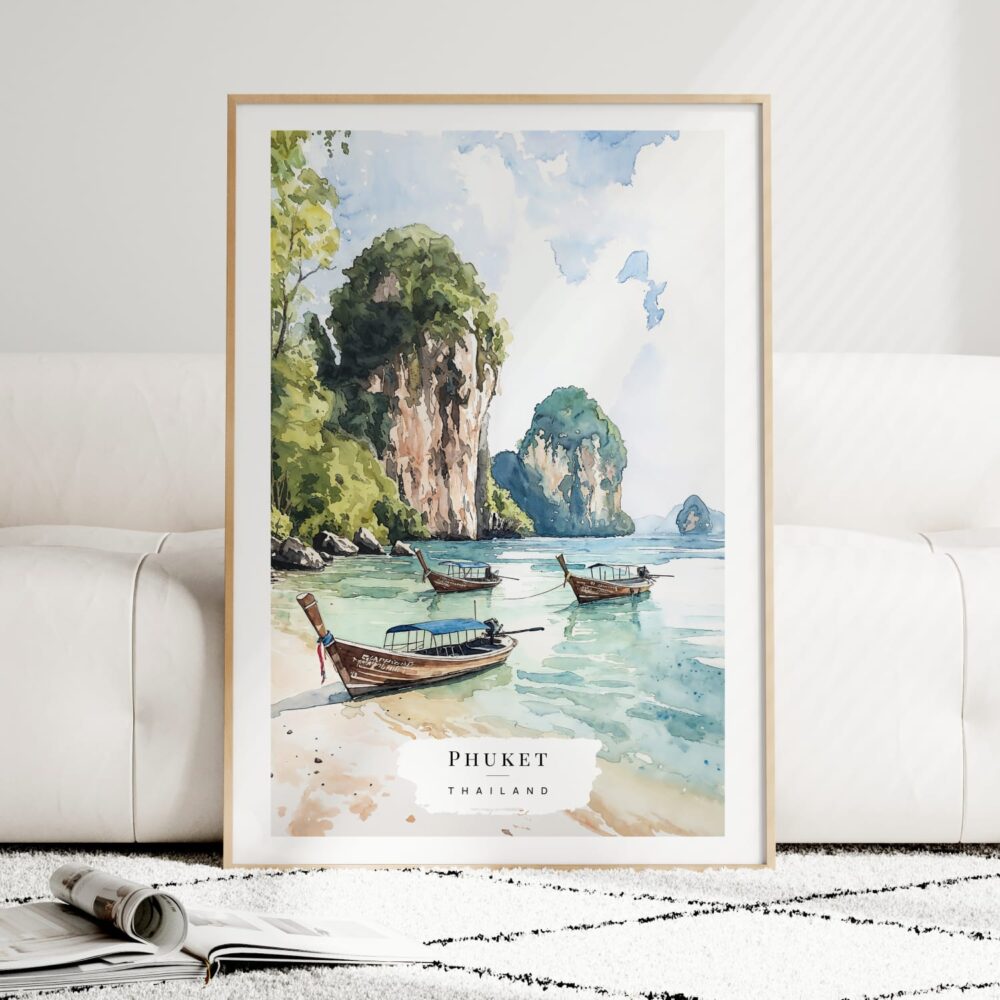 Phuket Thailand Watercolor Art Print - Wood Frame standing on Floor Phuket Thailand Watercolor Art Print - Wood Frame standing on Floor