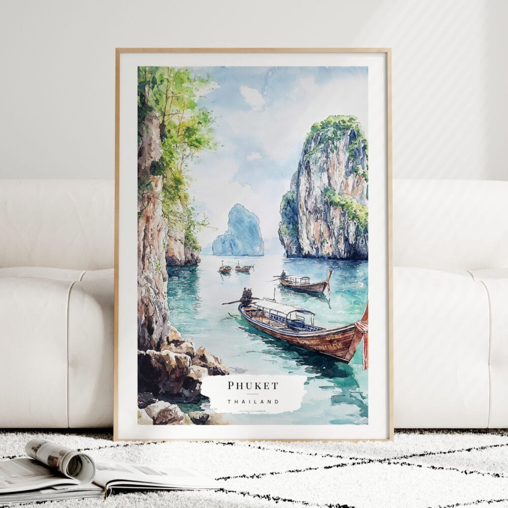 Phuket Watercolor Art Print - Wood Frame standing on Floor Phuket Watercolor Art Print - Wood Frame standing on Floor