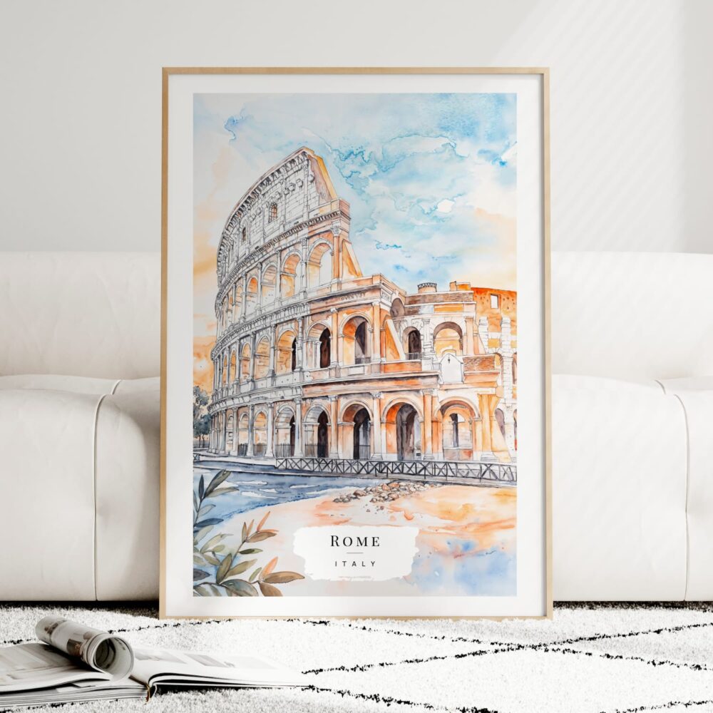 Rome Colosseum Watercolor Art Print - Wood Frame standing on Floor Rome Colosseum Watercolor Art Print - Wood Frame standing on Floor