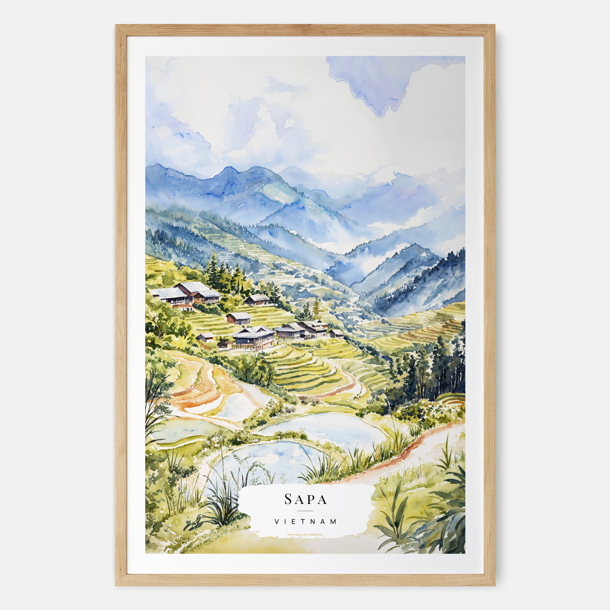 Sapa Vietnam Watercolor Painting – Serene Rice Field Landscape Art Print