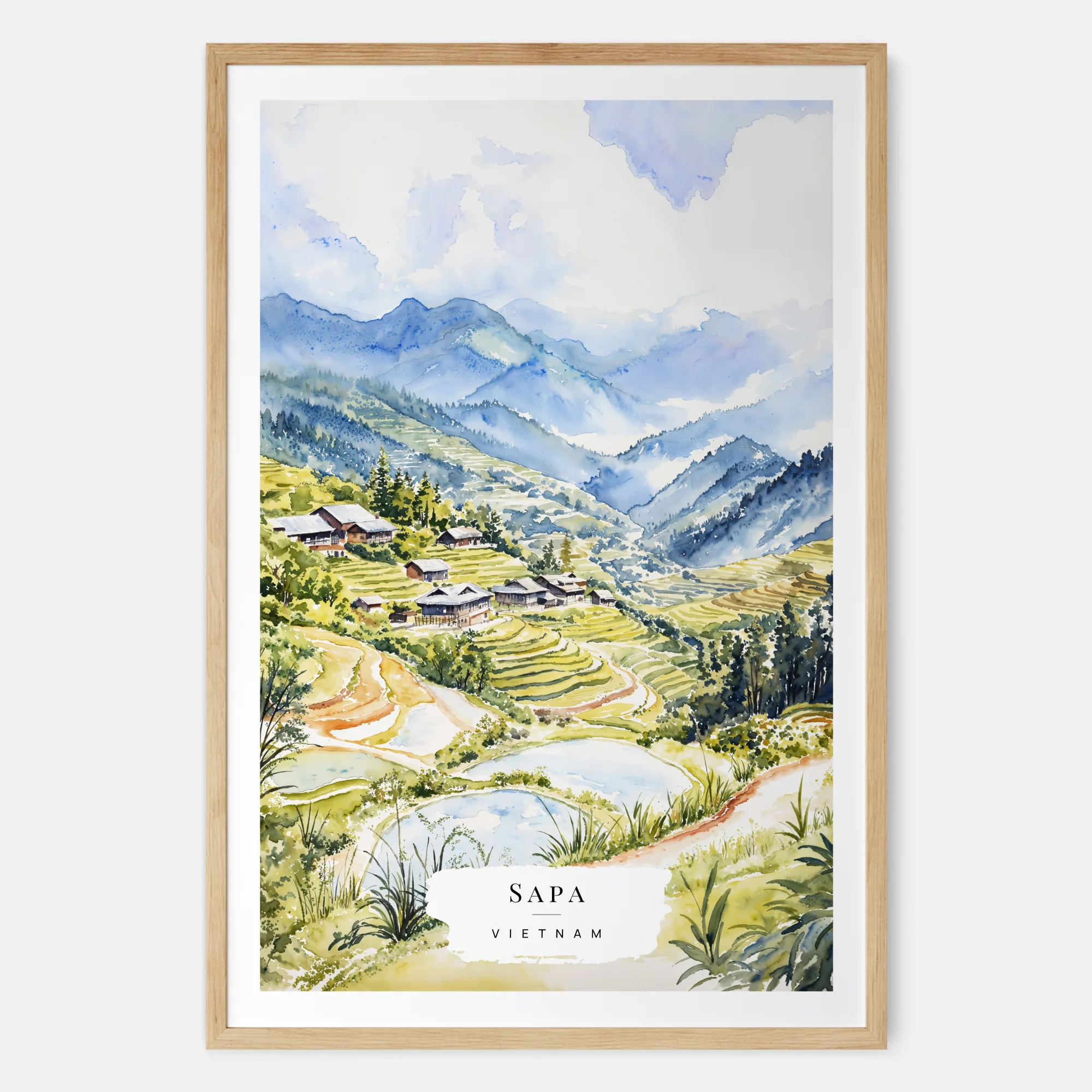 Sapa Vietnam Watercolor Painting - Serene Rice Field Landscape Art