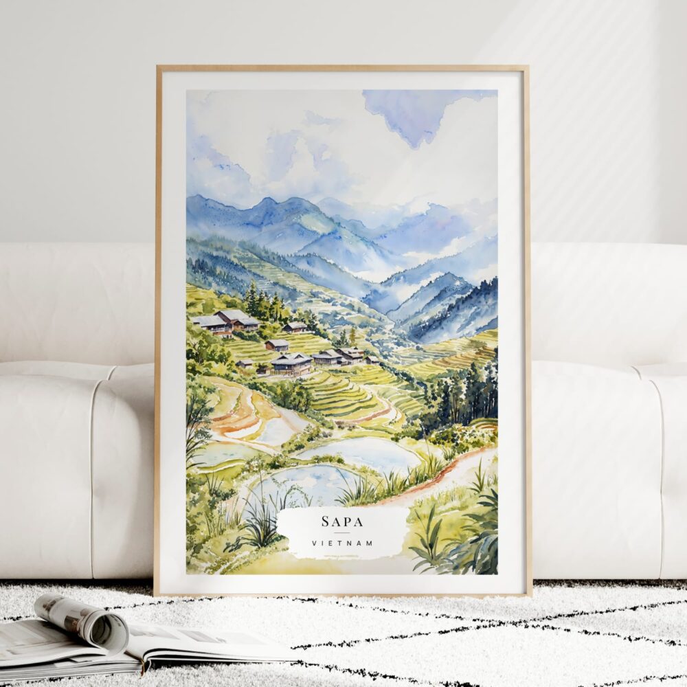 Sapa Vietnam Watercolor Art Print - Wood Frame standing on Floor Sapa Vietnam Watercolor Art Print - Wood Frame standing on Floor
