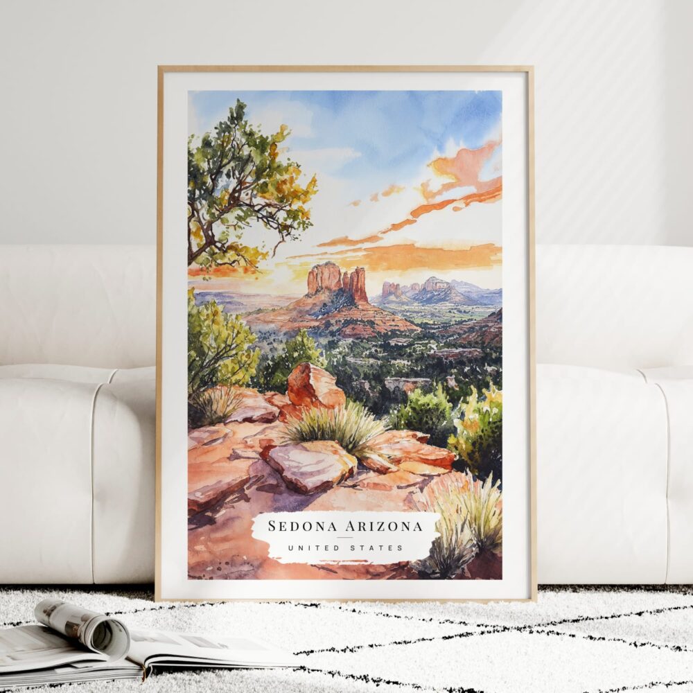 Sedona Arizona Watercolor Art Print - Wood Frame standing on Floor Sedona Arizona Watercolor Art Print - Wood Frame standing on Floor