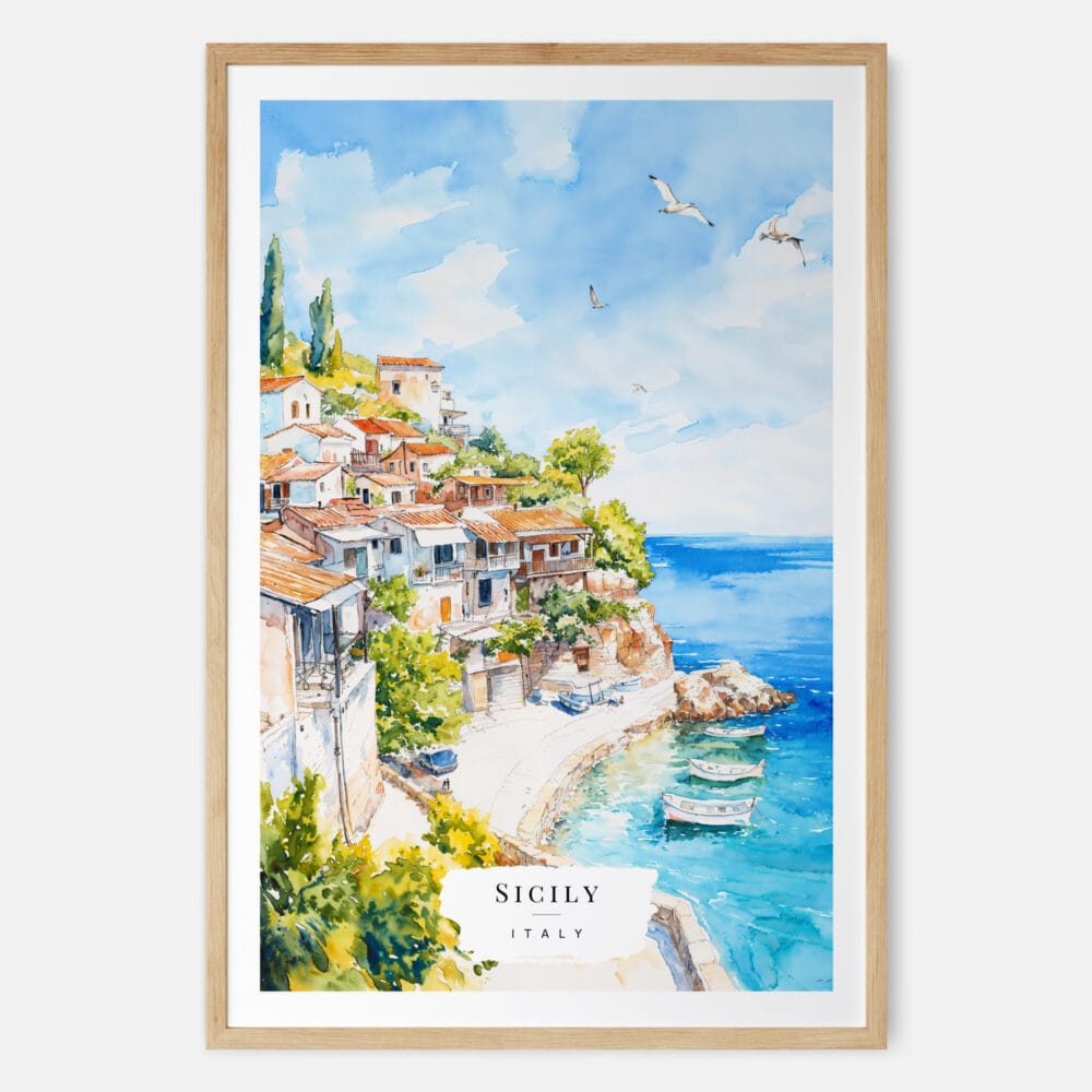 Sicily Italy Watercolor Art Print - Main - Wood Frame