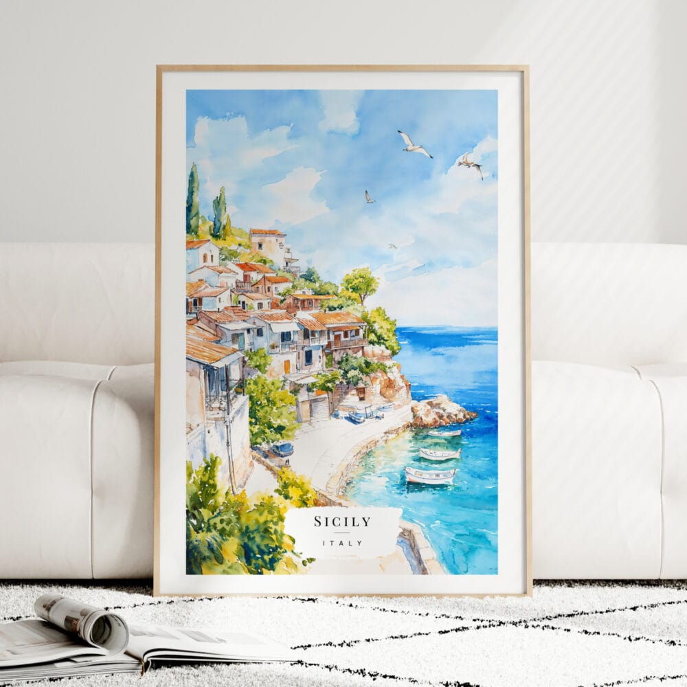 Sicily Italy Watercolor Art Print - Wood Frame standing on Floor Sicily Italy Watercolor Art Print - Wood Frame standing on Floor