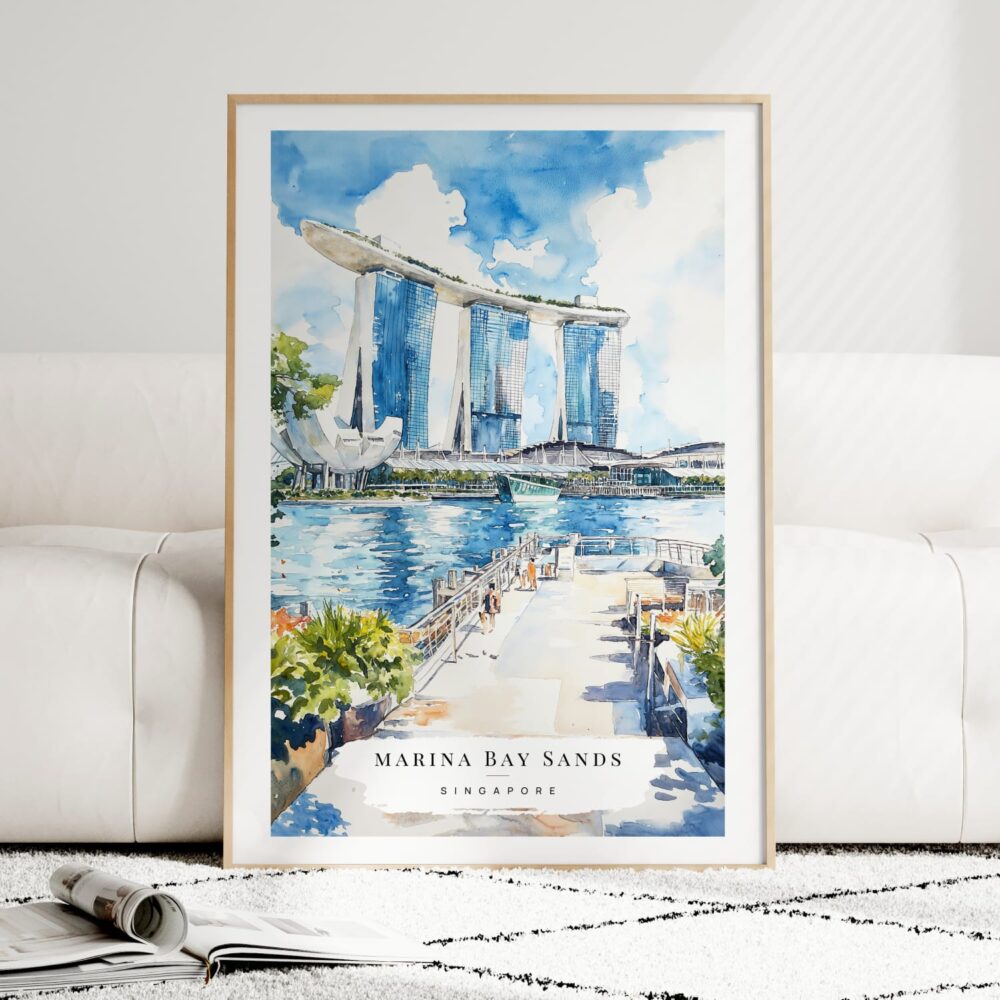 Singapore Watercolor Art Print - Wood Frame standing on Floor Singapore Watercolor Art Print - Wood Frame standing on Floor
