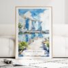 Singapore Watercolor Art Print - Wood Frame standing on Floor