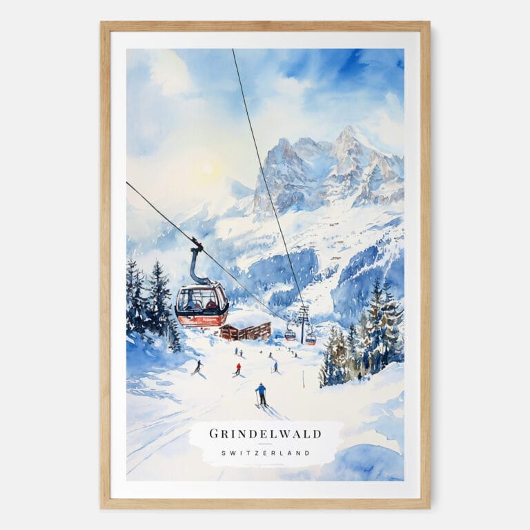 Skiing in Grindelwald Watercolor Art Print - Main - Wood Frame