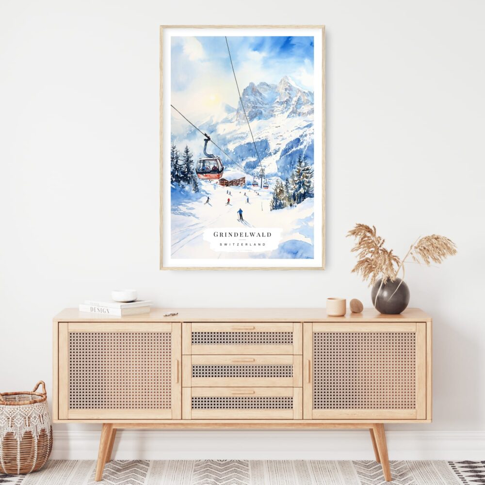 Skiing in Grindelwald Watercolor Art Print - Shelf - Portrait Skiing in Grindelwald Watercolor Art Print - Shelf - Portrait
