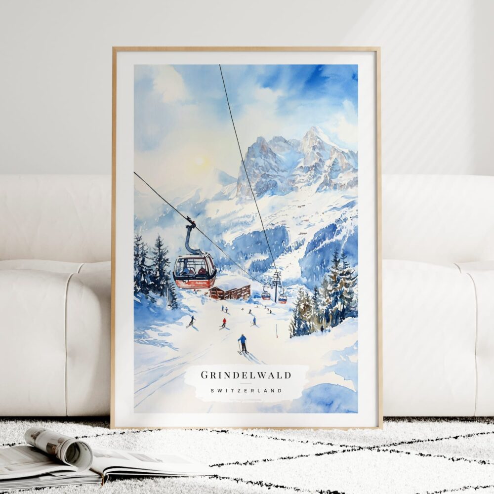 Skiing in Grindelwald Watercolor Art Print - Wood Frame standing on Floor Skiing in Grindelwald Watercolor Art Print - Wood Frame standing on Floor