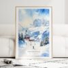 Skiing in Grindelwald Watercolor Art Print - Wood Frame standing on Floor