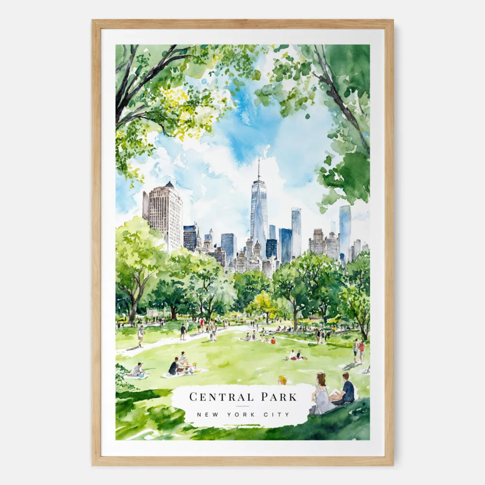 Summer in Central Park New York Watercolor Art Print - Main - Wood Frame