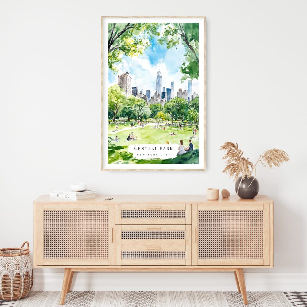 Summer in Central Park New York Watercolor Art Print - Shelf - Portrait Summer in Central Park New York Watercolor Art Print - Shelf - Portrait