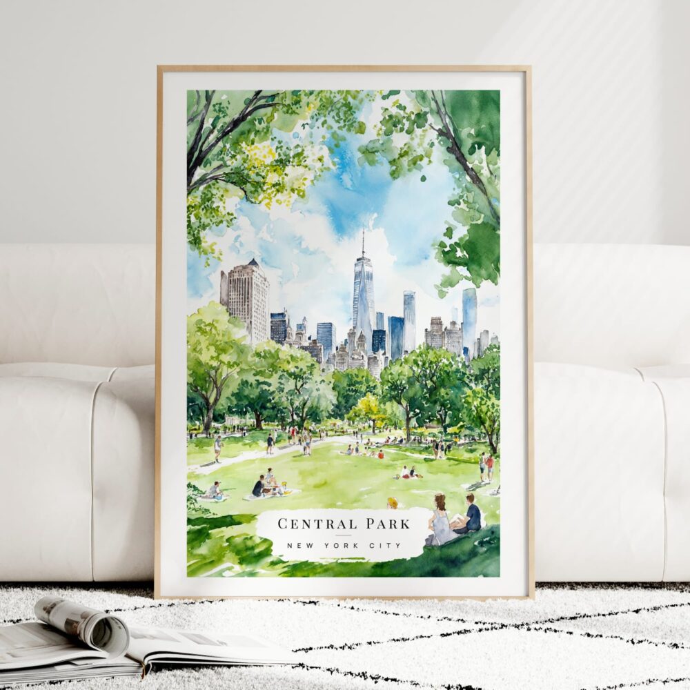 Summer in Central Park New York Watercolor Art Print - Wood Frame standing on Floor Summer in Central Park New York Watercolor Art Print - Wood Frame standing on Floor