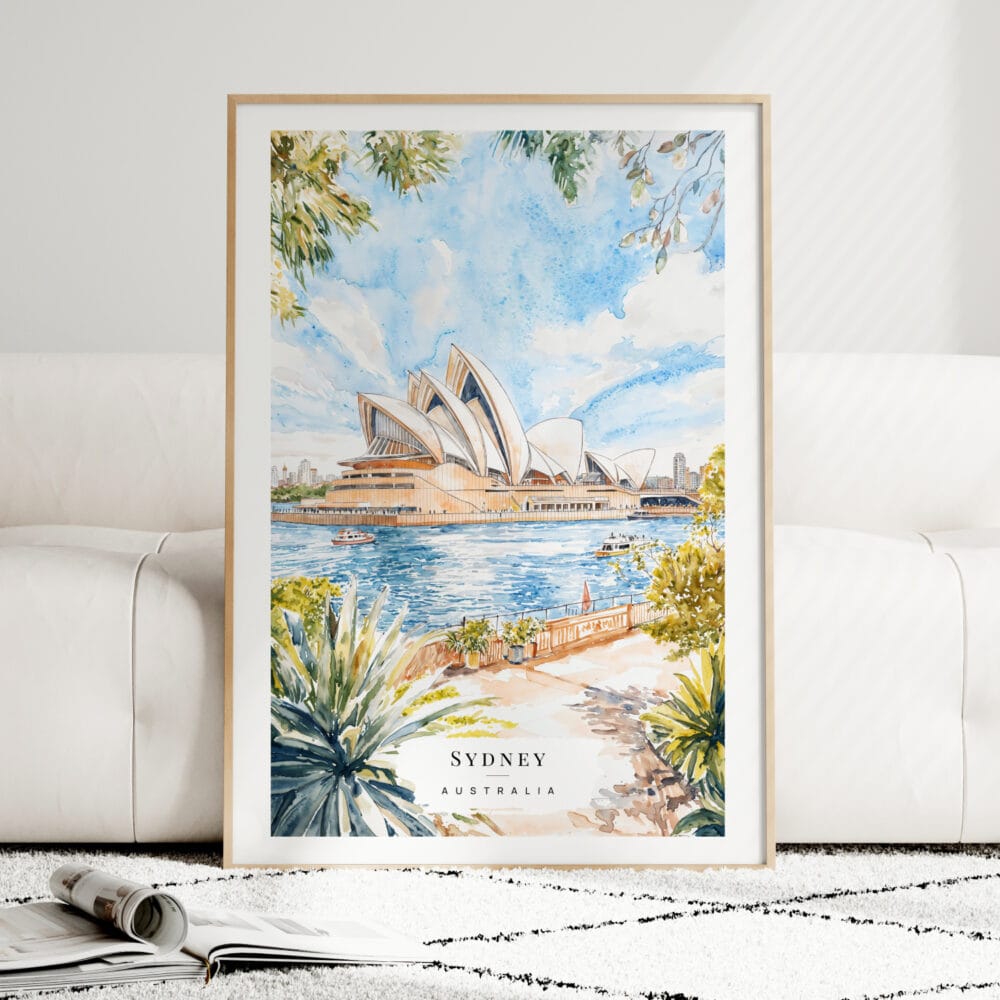 Sydney Opera House Watercolor Art Print - Wood Frame standing on Floor Sydney Opera House Watercolor Art Print - Wood Frame standing on Floor