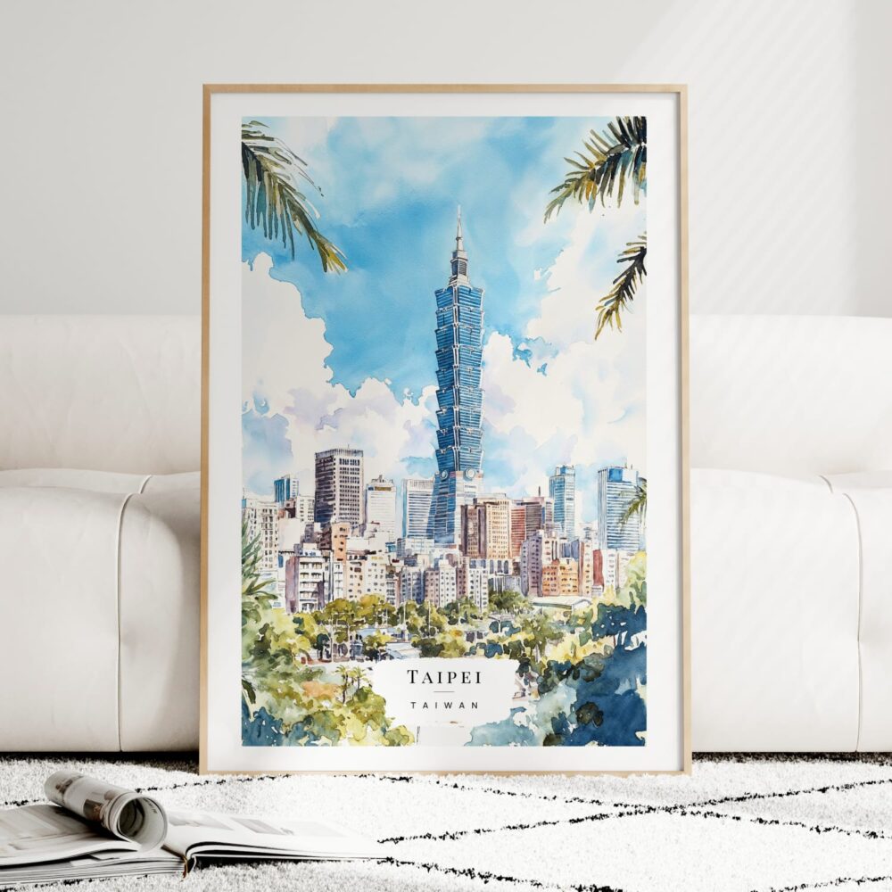 Taipei Watercolor Art Print - Wood Frame standing on Floor Taipei Watercolor Art Print - Wood Frame standing on Floor