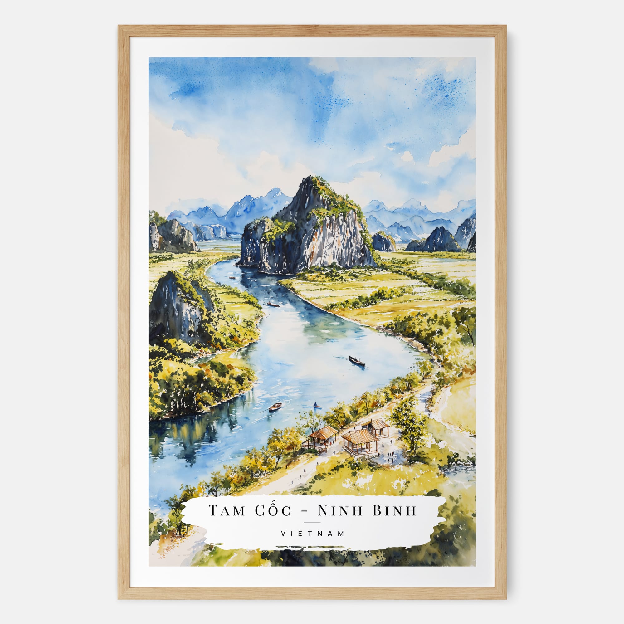 Tam Cốc Ninh Binh Watercolor Painting – Serene Vietnam Landscape Art Print