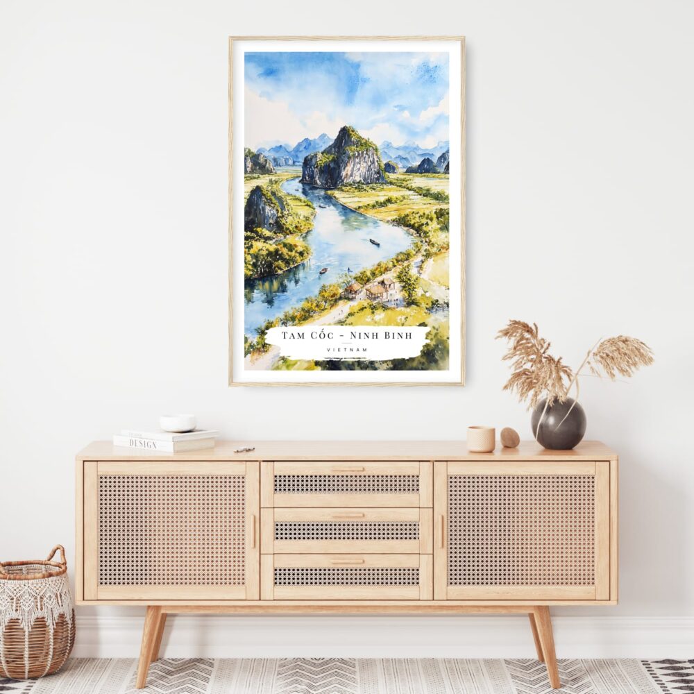 Tam Cốc Ninh Binh Watercolor Art Print - Shelf - Portrait Tam Cốc Ninh Binh Watercolor Art Print - Shelf - Portrait