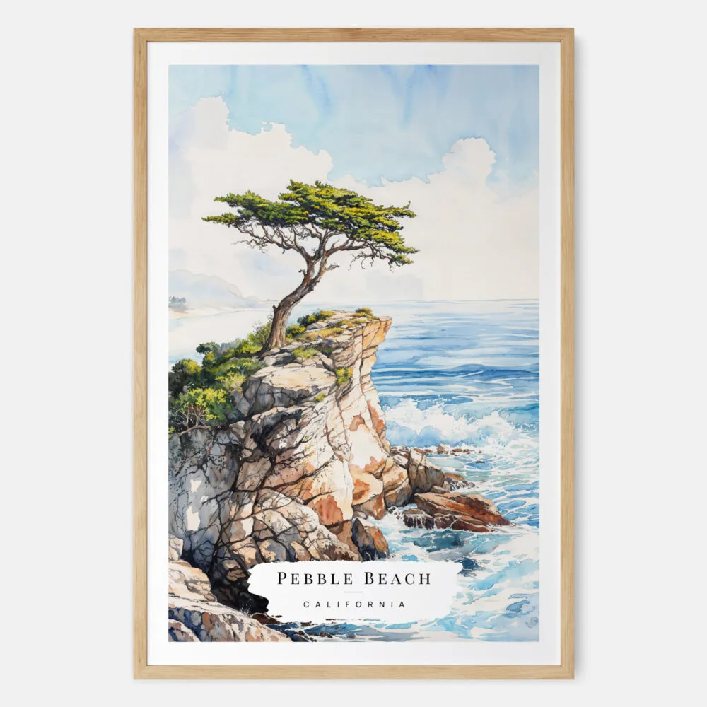 The Lone Cypress Pebble Beach Watercolor Art Print - Main - Wood Frame The Lone Cypress Pebble Beach Watercolor Art Print - Main - Wood Frame