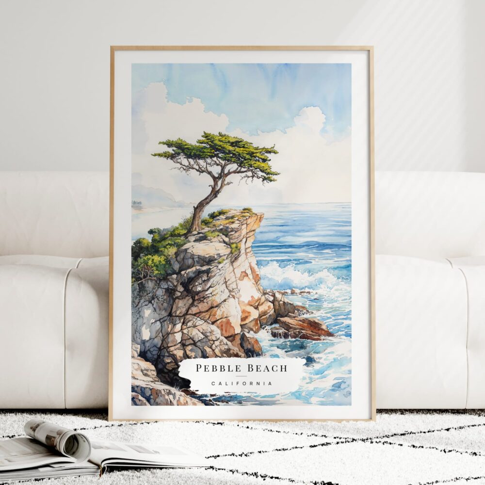 The Lone Cypress Pebble Beach Watercolor Art Print - Wood Frame standing on Floor The Lone Cypress Pebble Beach Watercolor Art Print - Wood Frame standing on Floor
