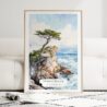 The Lone Cypress Pebble Beach Watercolor Art Print - Wood Frame standing on Floor