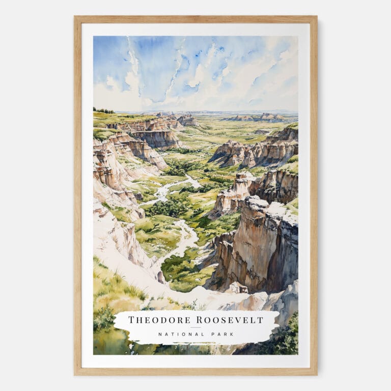 Theodore Roosevelt National Park Watercolor Art Print - Main - Wood Frame