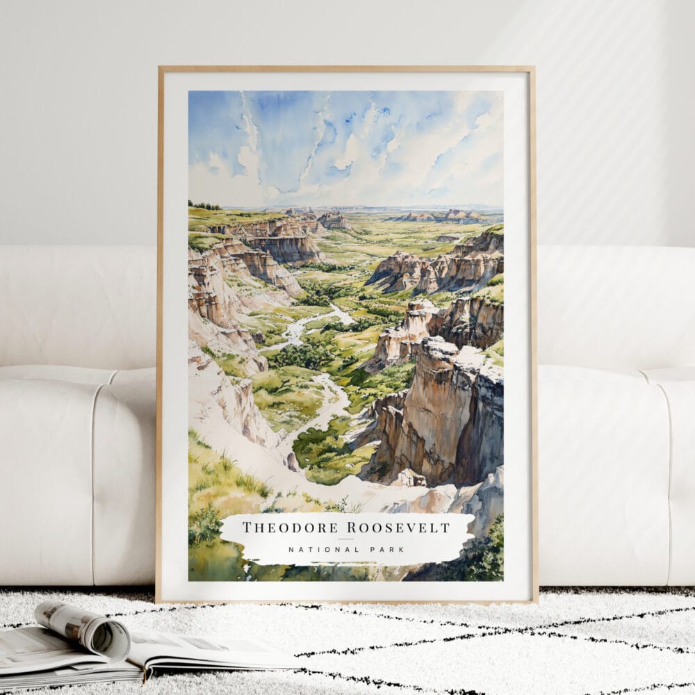 Theodore Roosevelt National Park Watercolor Art Print - Wood Frame standing on Floor Theodore Roosevelt National Park Watercolor Art Print - Wood Frame standing on Floor