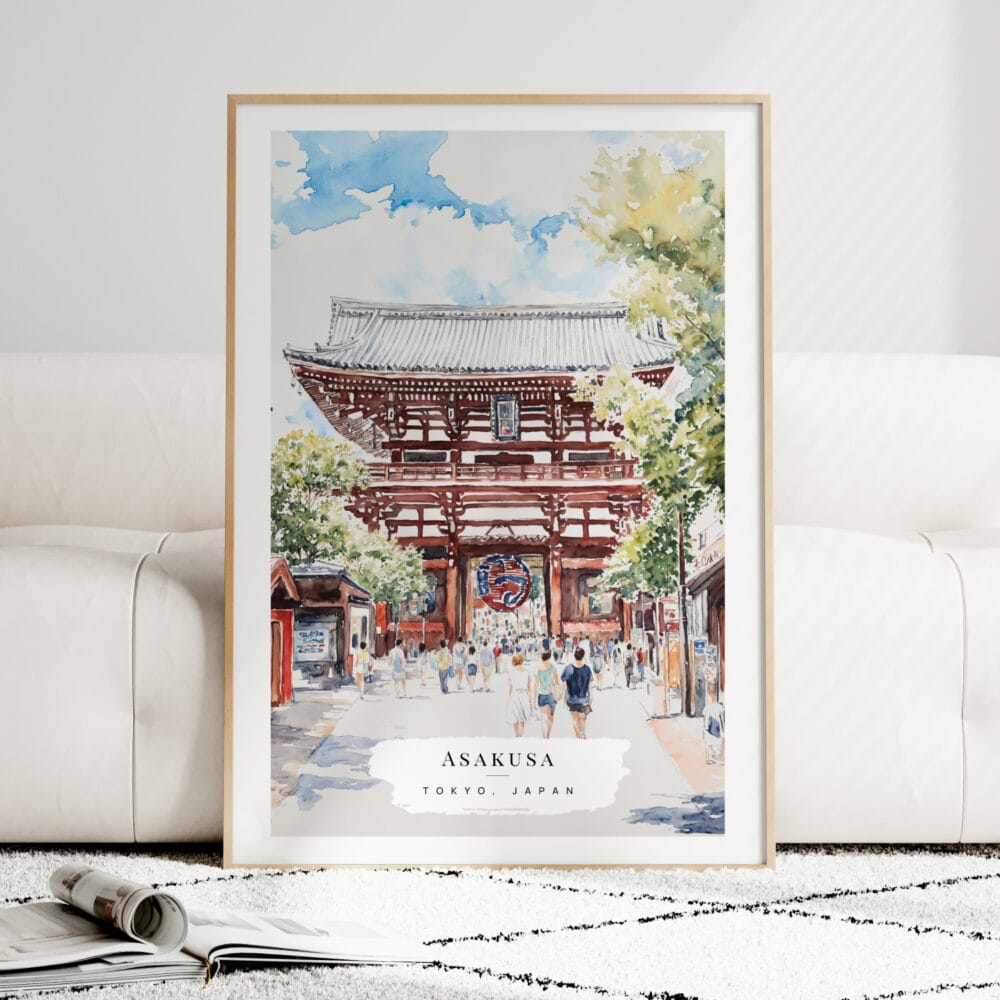 Tokyo Asakusa Watercolor Art Print - Wood Frame standing on Floor Tokyo Asakusa Watercolor Art Print - Wood Frame standing on Floor