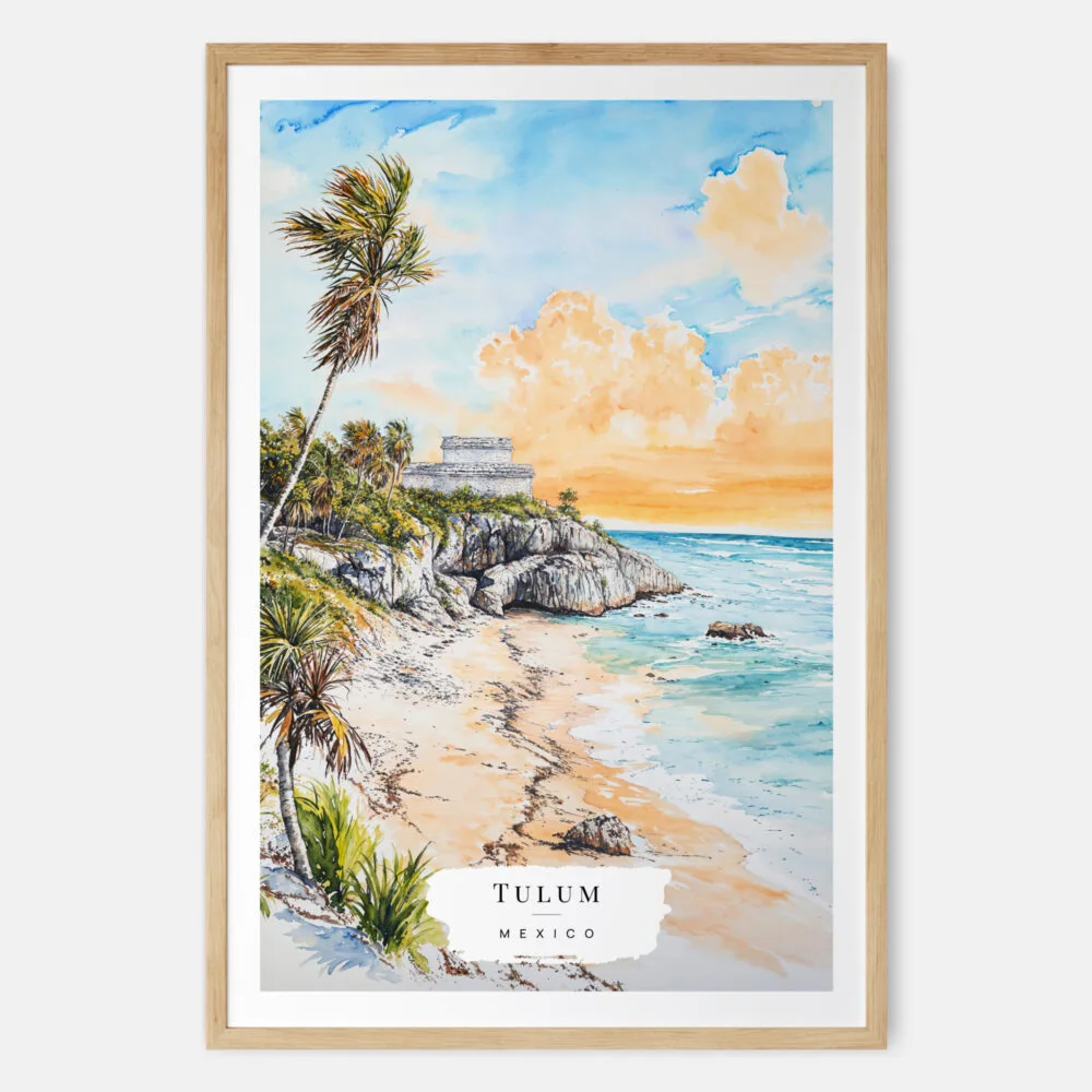Tulum Mexico Watercolor Art Print - Main - Wood Frame Tulum Mexico Watercolor Art Print - Main - Wood Frame