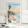 Tulum Mexico Watercolor Art Print - Wood Frame standing on Floor