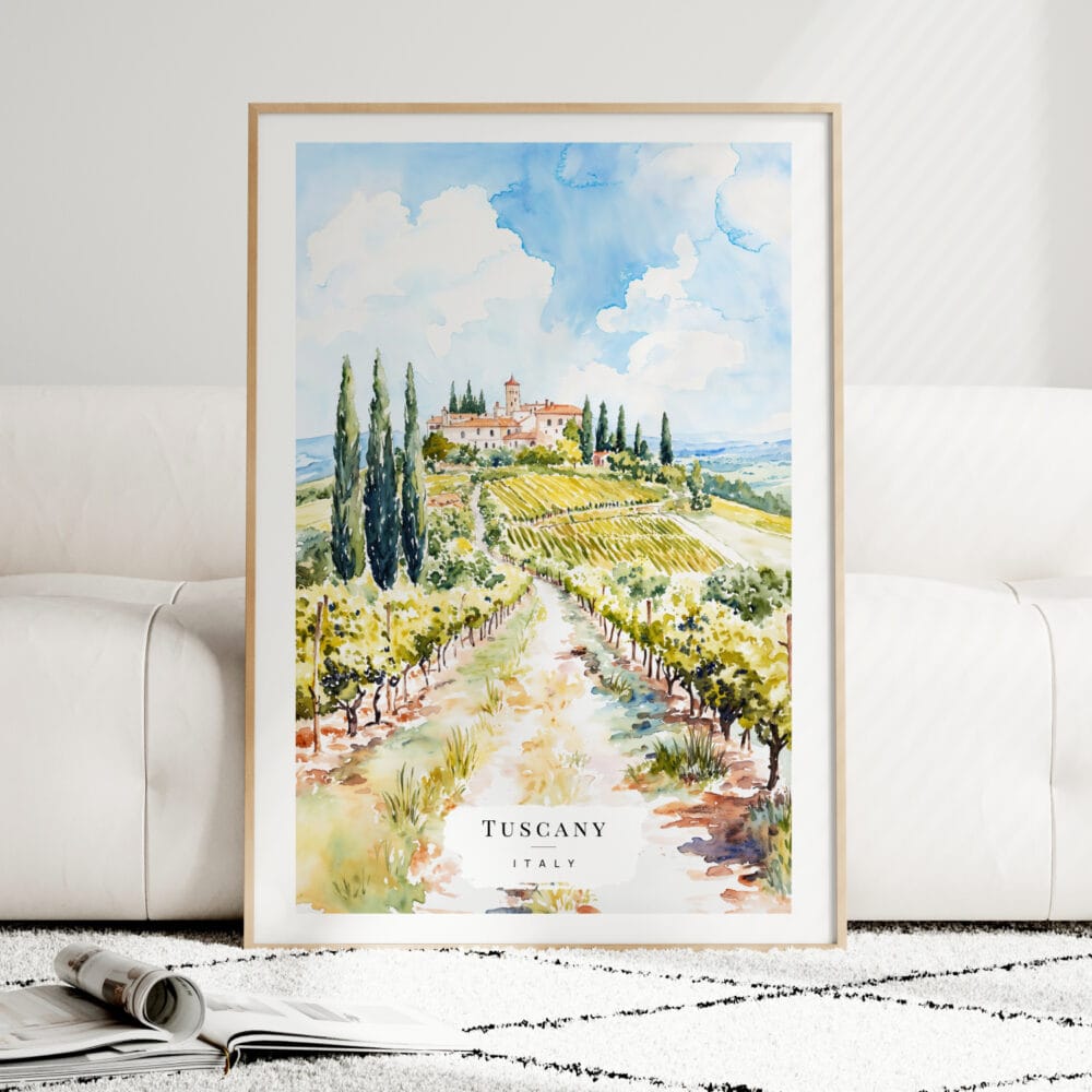 Tuscany Italy Watercolor Art Print - Wood Frame standing on Floor Tuscany Italy Watercolor Art Print - Wood Frame standing on Floor
