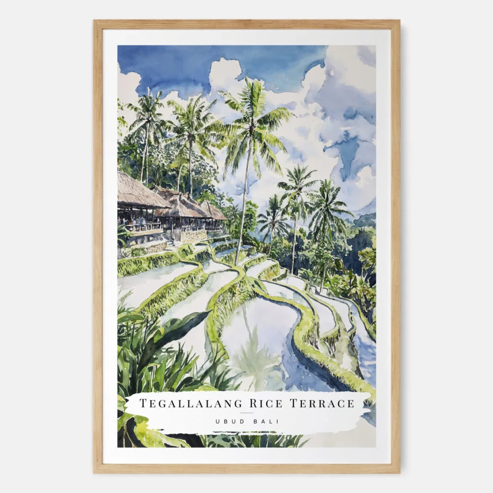 Ubud Bali Rice Terrace Watercolor Art Print - Main - Wood Frame