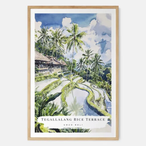 Ubud Bali Rice Terrace Watercolor Art Print - Main - Wood Frame