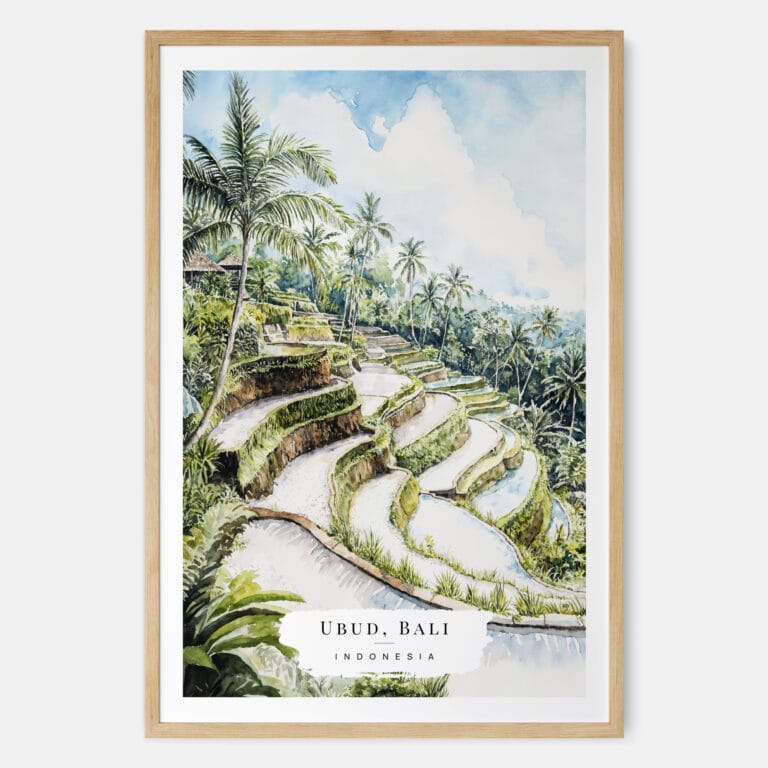 Ubud Bali Watercolor Art Print - Main - Wood Frame