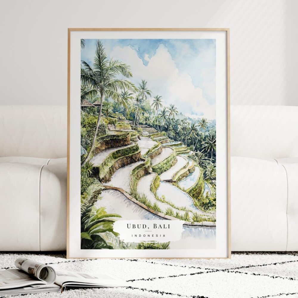 Ubud Bali Watercolor Art Print - Wood Frame standing on Floor Ubud Bali Watercolor Art Print - Wood Frame standing on Floor