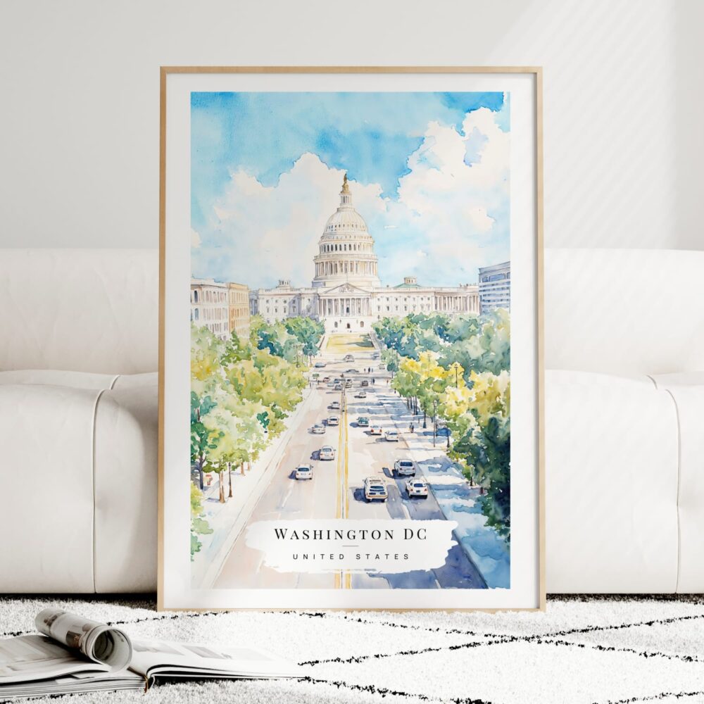 Washington DC Watercolor Art Print - Wood Frame standing on Floor Washington DC Watercolor Art Print - Wood Frame standing on Floor