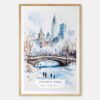 White Christmas Central Park New York Watercolor in Winter Art Print - Main - Wood Frame
