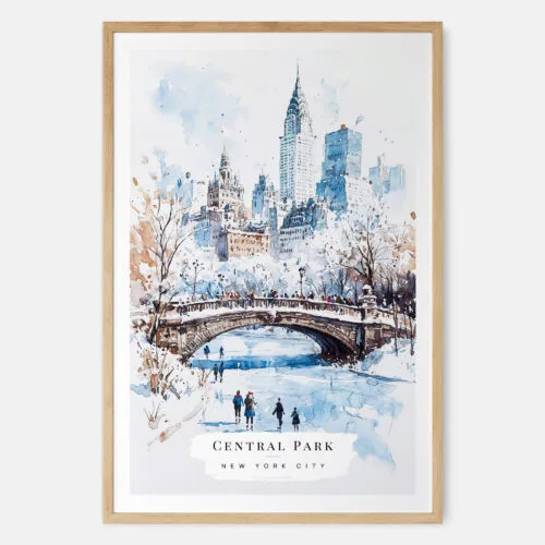 White Christmas Central Park New York Watercolor in Winter Art Print - Main - Wood Frame