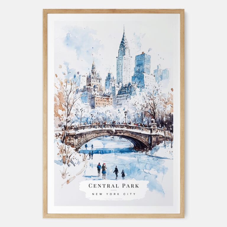 White Christmas Central Park New York Watercolor in Winter Art Print - Main - Wood Frame