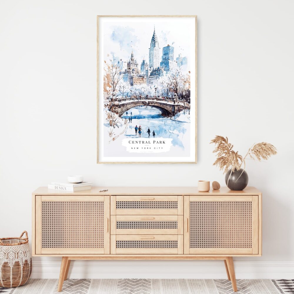 White Christmas Central Park New York Watercolor in Winter Art Print - Shelf - Portrait White Christmas Central Park New York Watercolor in Winter Art Print - Shelf - Portrait